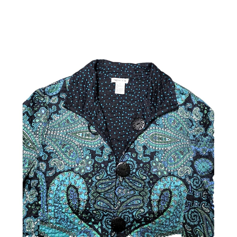 PATTY KIM Women's Jacket Blue Multi Paisley Polka Dot Reversible Sz Large Coat - Picture 5 of 12
